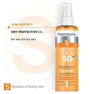 Pharmaceris S Solbeskyttende olie med duoaktiv formular til våd og tør hud, SPF 50+, 200ml.