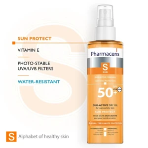 Pharmaceris S Solbeskyttende olie med duoaktiv formular til våd og tør hud, SPF 50+, 200ml.