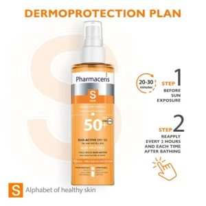 Pharmaceris S Solbeskyttende olie med duoaktiv formular til våd og tør hud, SPF 50+, 200ml.