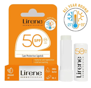 Lirene Solbeskyttende og fugtgivende læbepomade SPF50.