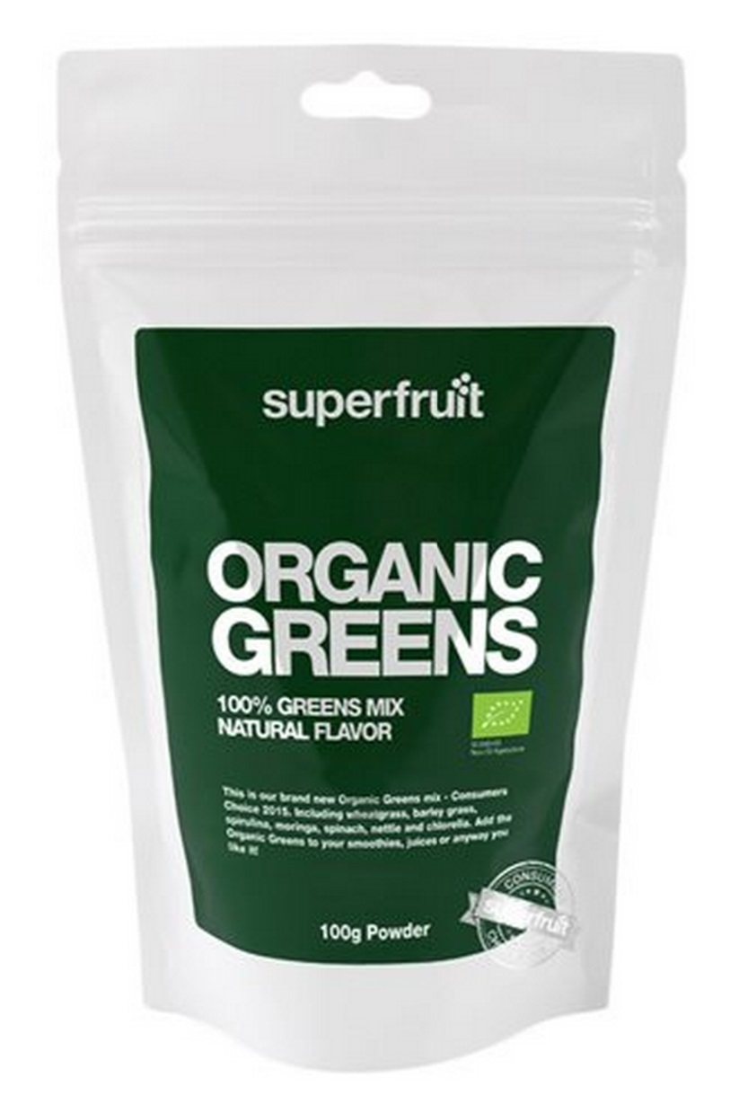 Se Organic greens pulvermix Ø Superfruit, 100g. hos Ren-velvaereshop.dk