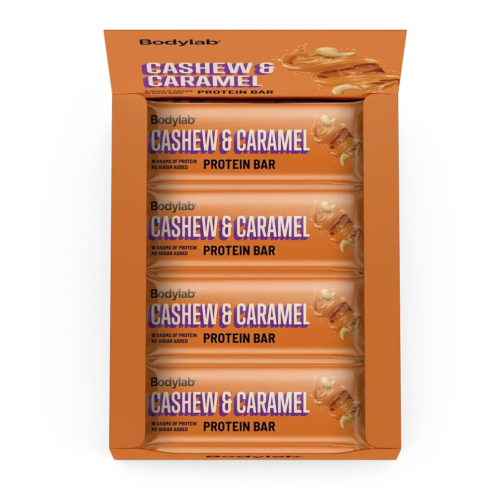 Se Bodylab Protein Bar - cashew & caramel, 12x55 g hos Ren-velvaereshop.dk