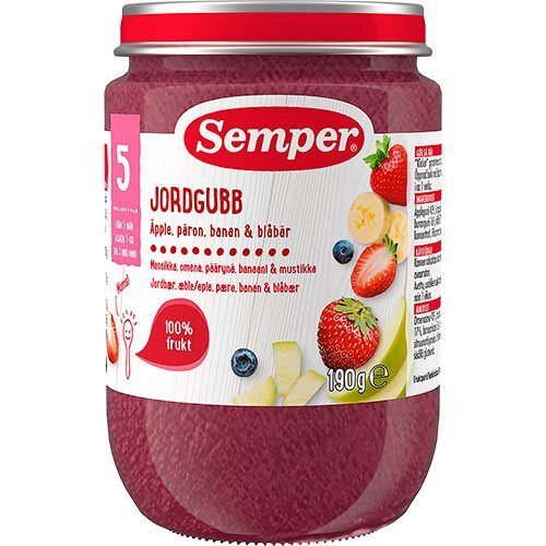 Se Semper Frugtpure m jordbær,æble,pære,banan & blåbær 5 mdr., 190g hos Ren-velvaereshop.dk