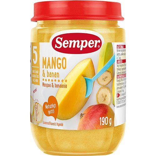 Se Semper Frugtpure med mango & banan fra 5 mdr., 190g hos Ren-velvaereshop.dk