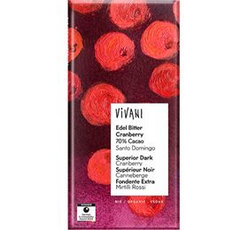 Vivani mørk chokolade med tranebærstykker 70% Ø, 80g.