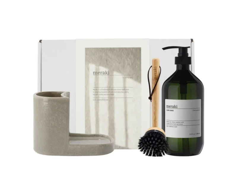 Meraki Gaveæske,Grey Holder + Nature Brush + Forest Garden Dish Wash, 1000 ml.