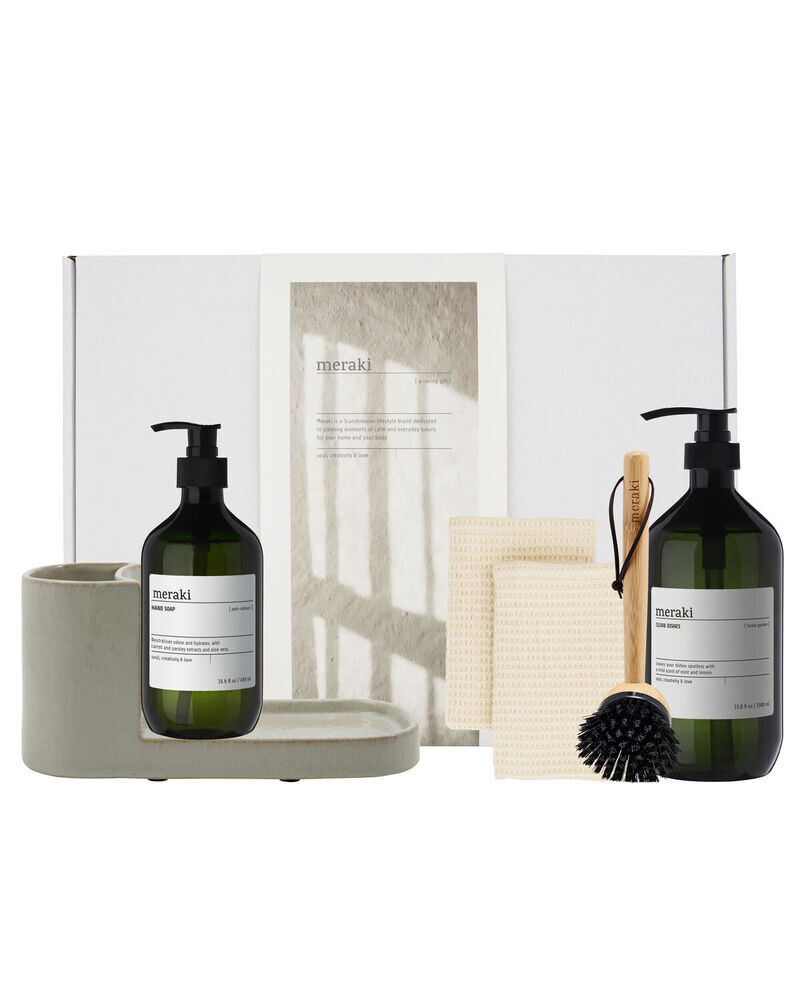 Meraki Gaveæske, jul, grey holder + nature brush + Anti-Odour Hand Soap + Forest Garden Dish Wash, 490/1000ml.